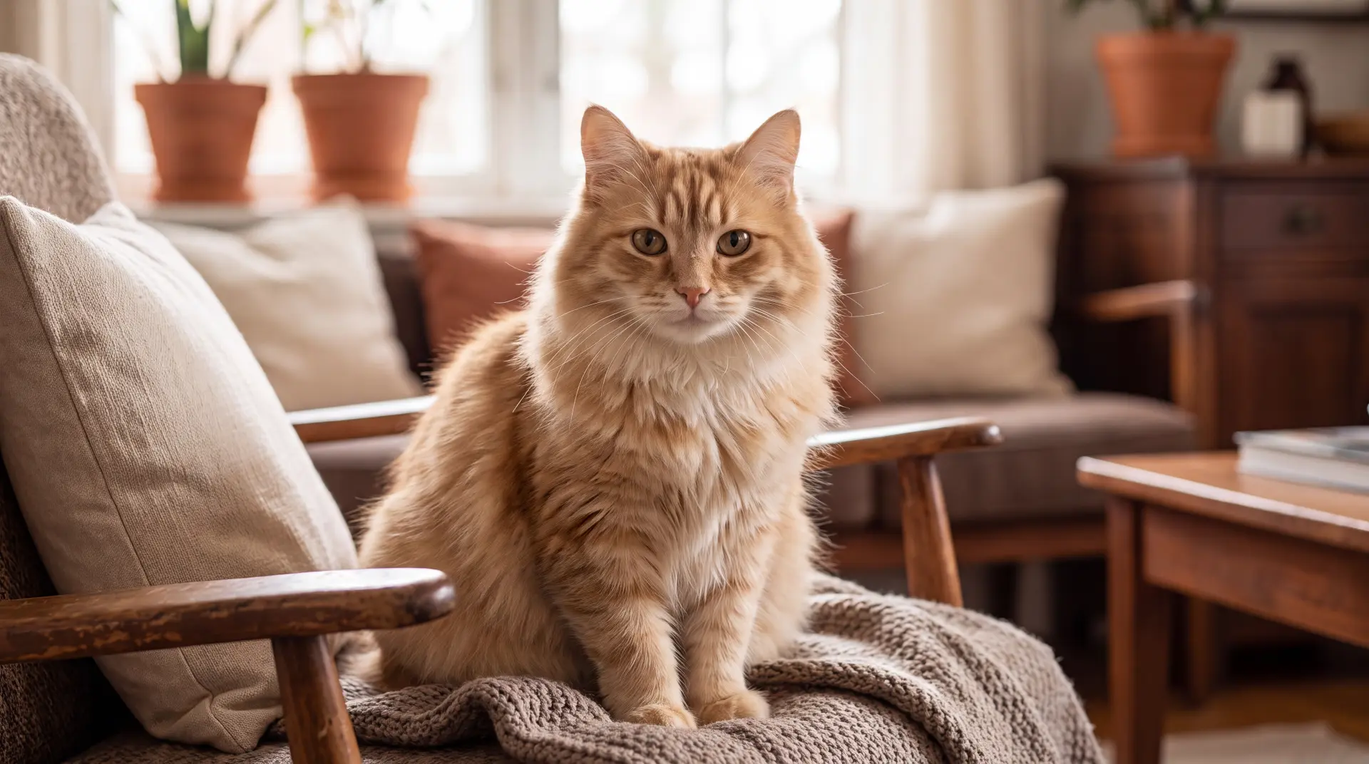 A fluffy ginger cat sitting on a cozy armchair in a sunlit living room